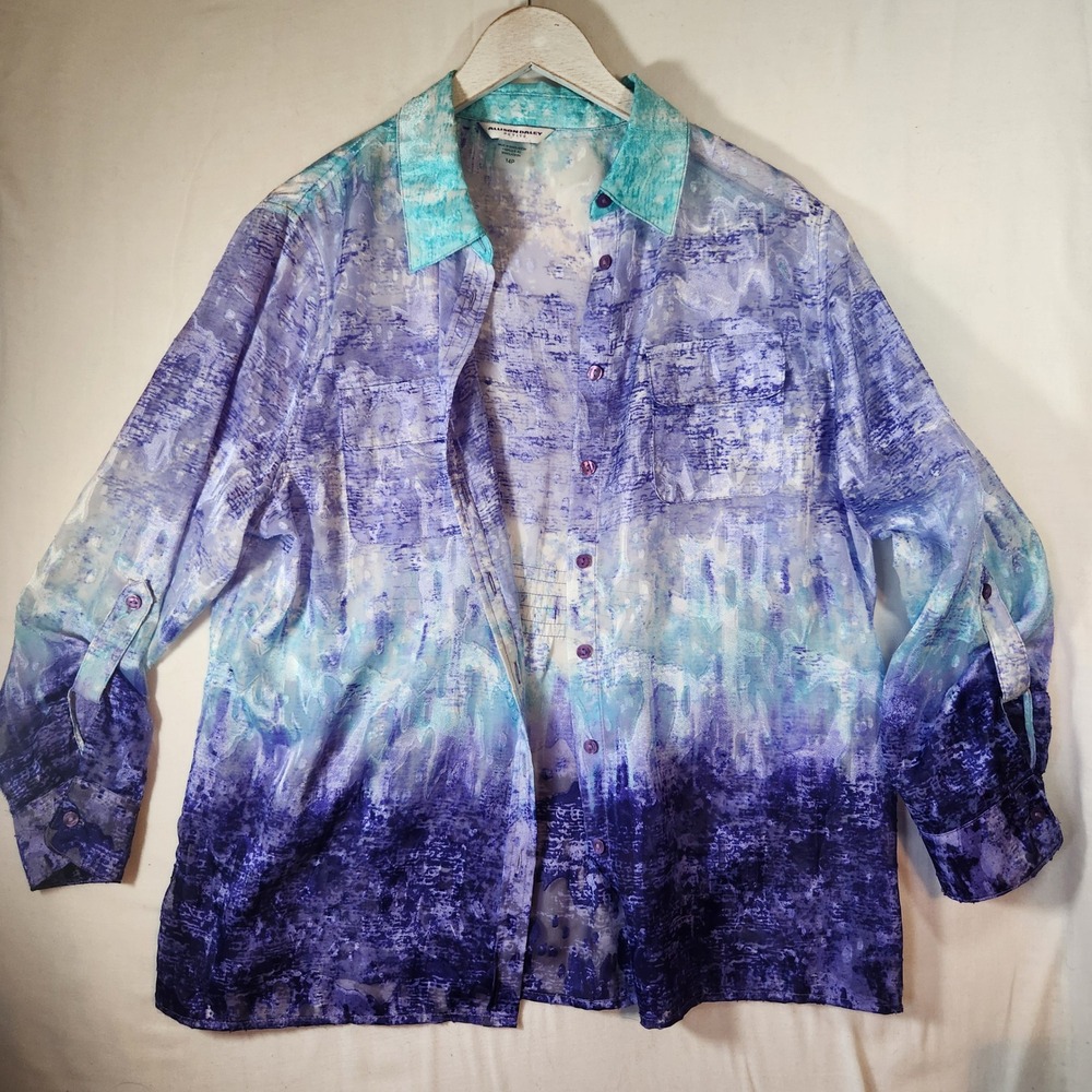 Allison Daley Petite Purple Teal Abstract Burnout Button Up Shirt‎ 14P